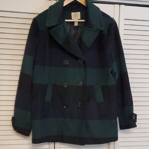 St John's Bay Wool Blend Plaid Pea Coat Blue Green, XL